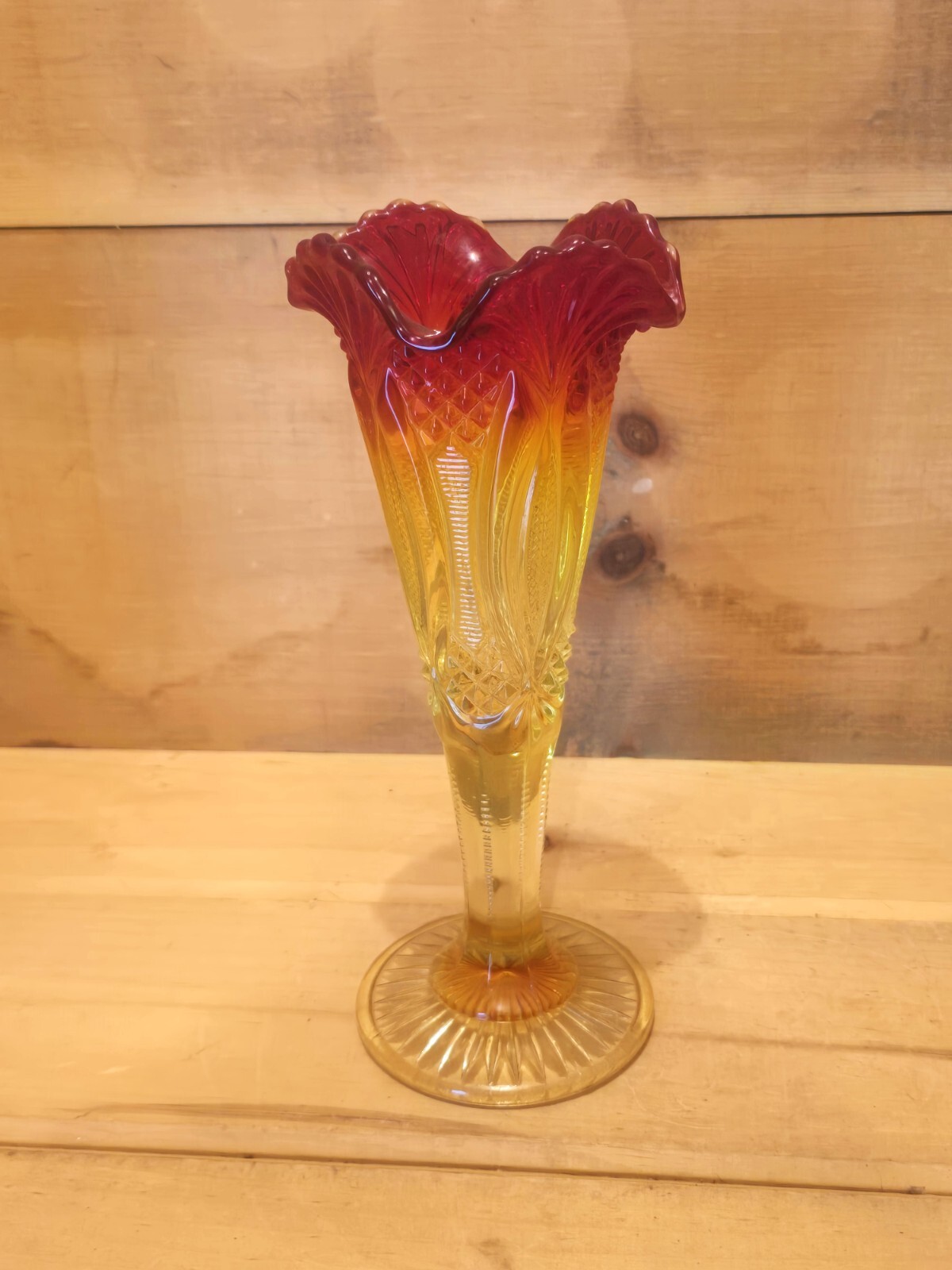 Amberina 10-1/4″H Vase with Multiple Designs. 3-3/4″W x 10-1/4″H. Excellent Cond