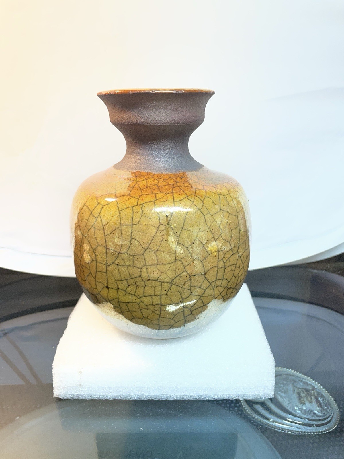 Raku Cricket Stone Pottery Gold Crackled 7” Tall Signed By Elliott’s
