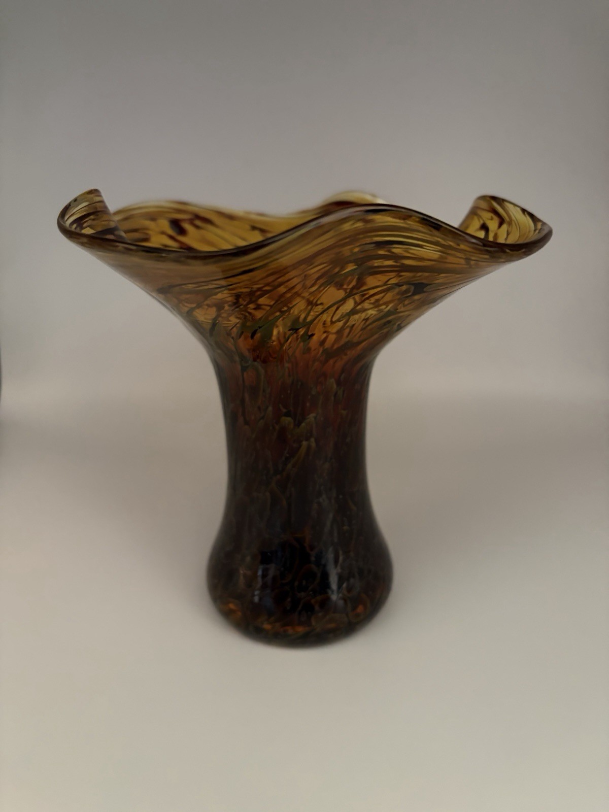 Hand Blown Feathered Art Glass Sculpture Vase Amber Brown Ruffled Art