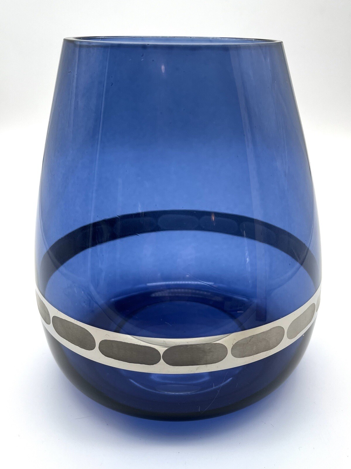 Sapphire Cobalt Tear Drop Flower Vase 6” With Decorative Silver Band