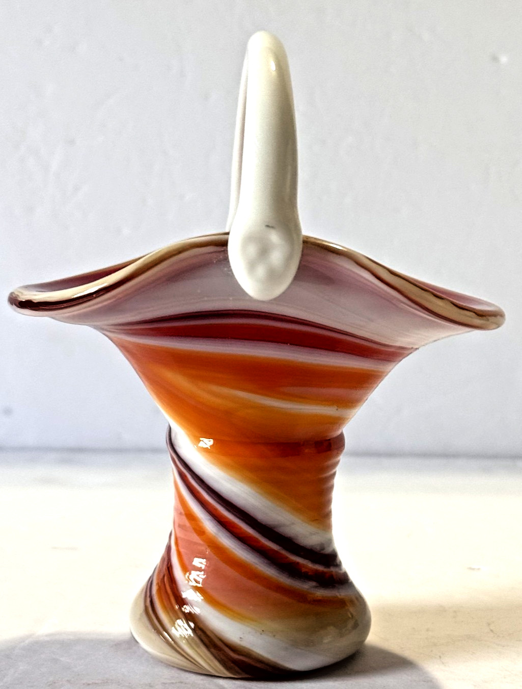 Vintage Kanawha Orange Slag Swirl Glass Basket 6 x 3 1/2 In