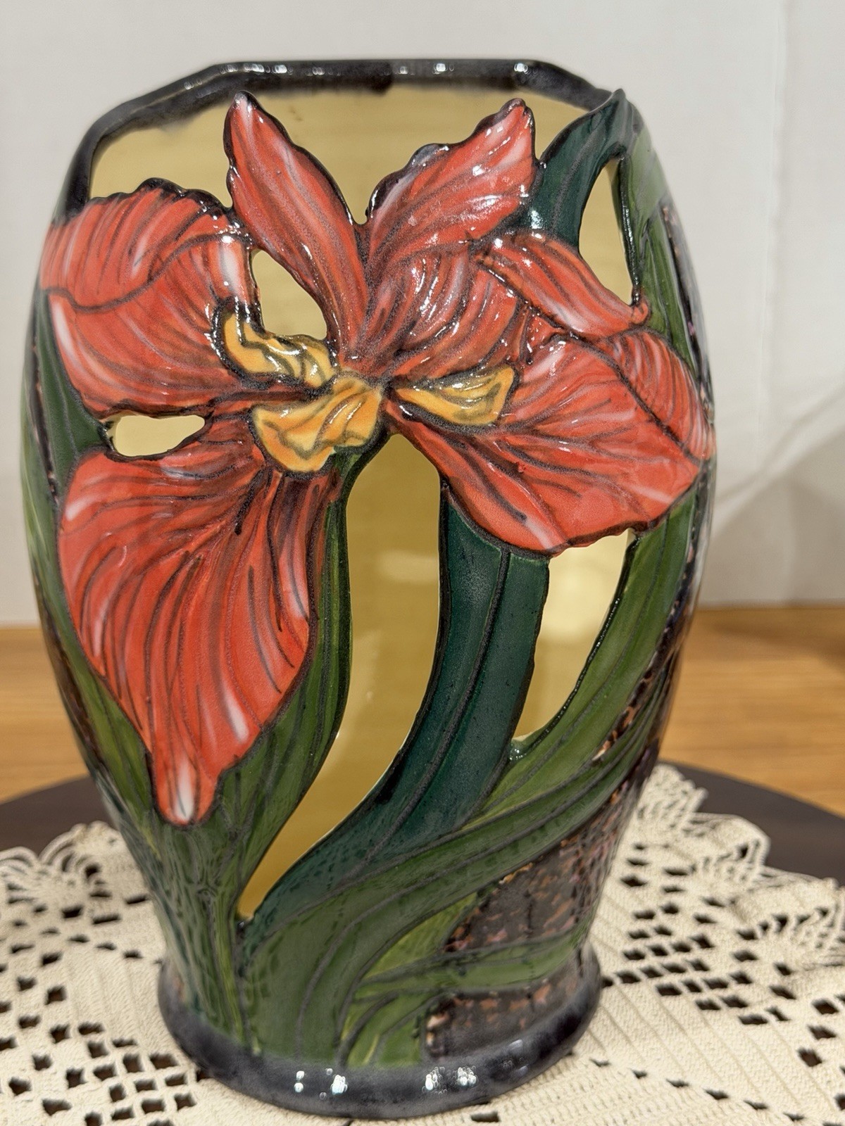 VTG Red Iris Reticulated Vase Arts & Crafts Revival Style Pottery