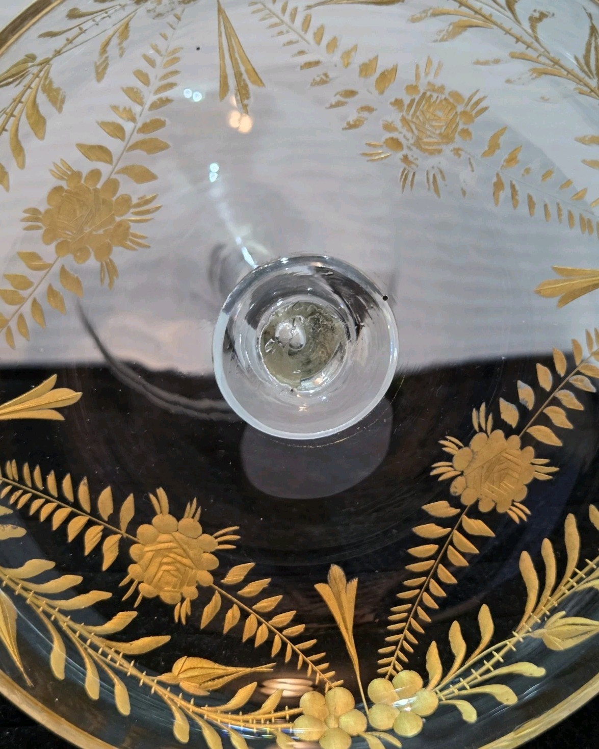 Antique Moser Tazza/ Compote Large Cut Crystal with Gold Gilt Intaglio Style 8″