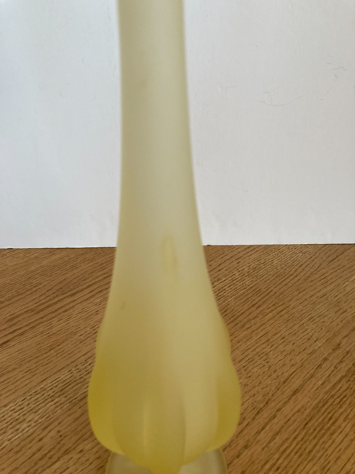 Vintage Viking Glass Yellow Satin Frost 6 Petal 12″ Footed Swung Vase w/ Label