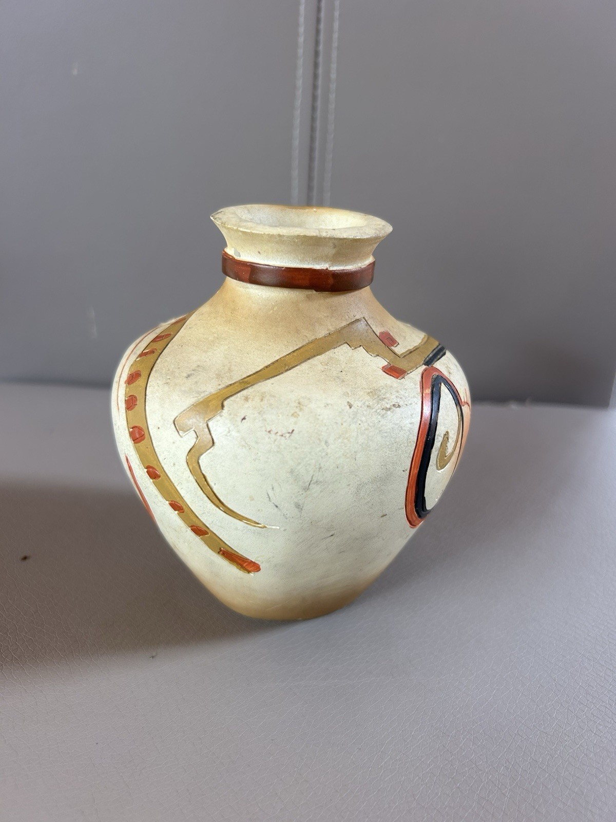 Hand Painted Ceramic Vase Landscape Abstract Matte Beige Brown Red Black Green