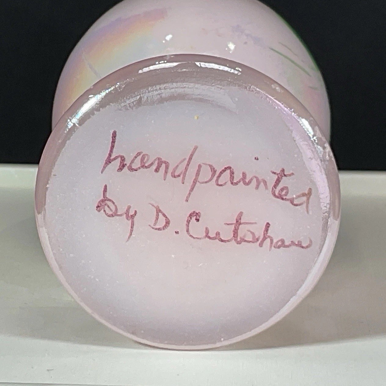 VTG Signed Cutshaw FENTON Glass Iridescent Pink Egg Hand Painted Floral Pedestal
