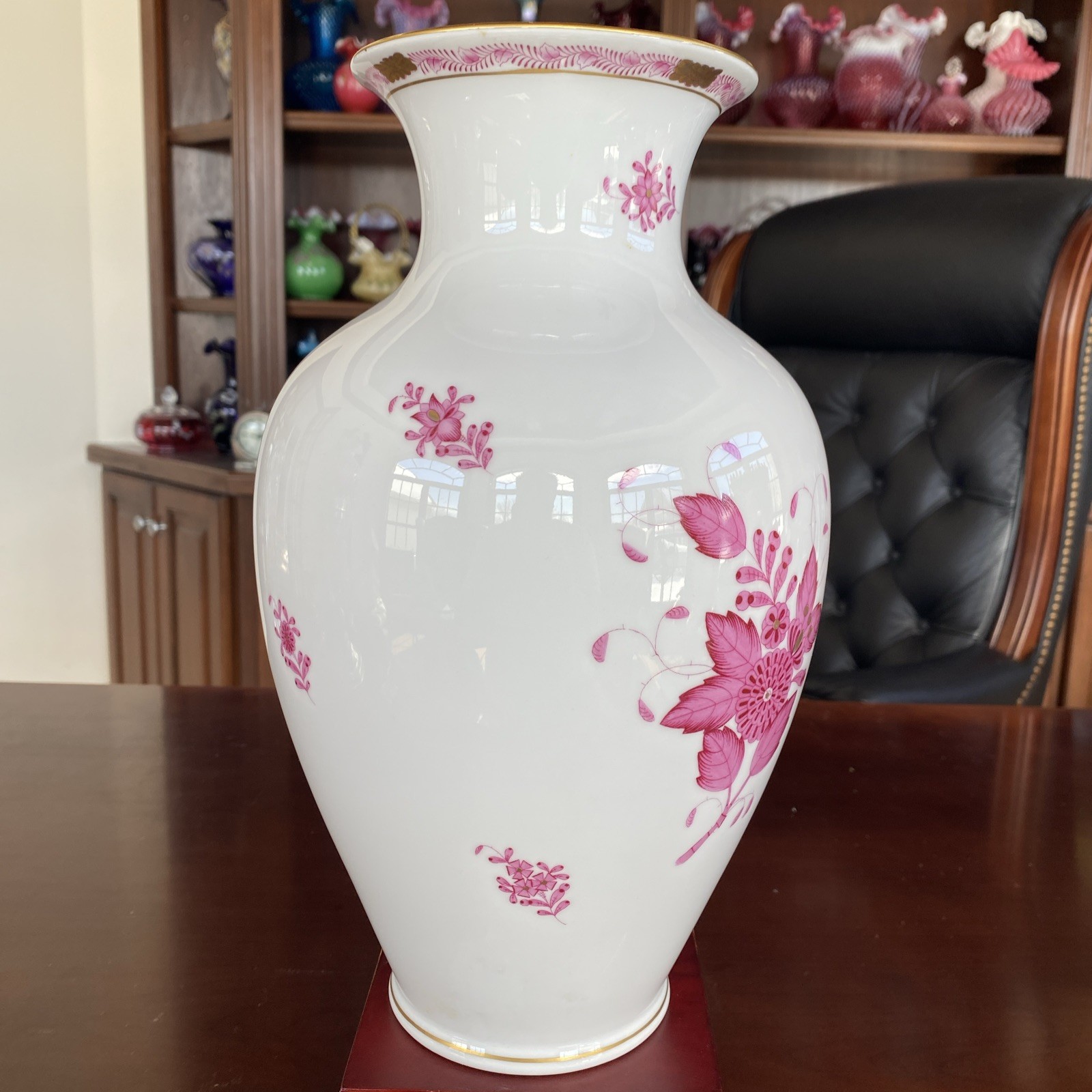 Incredible 12.5” Herend Vase in the Chinese Bouquet Apponyi Raspberry. 24K Gold