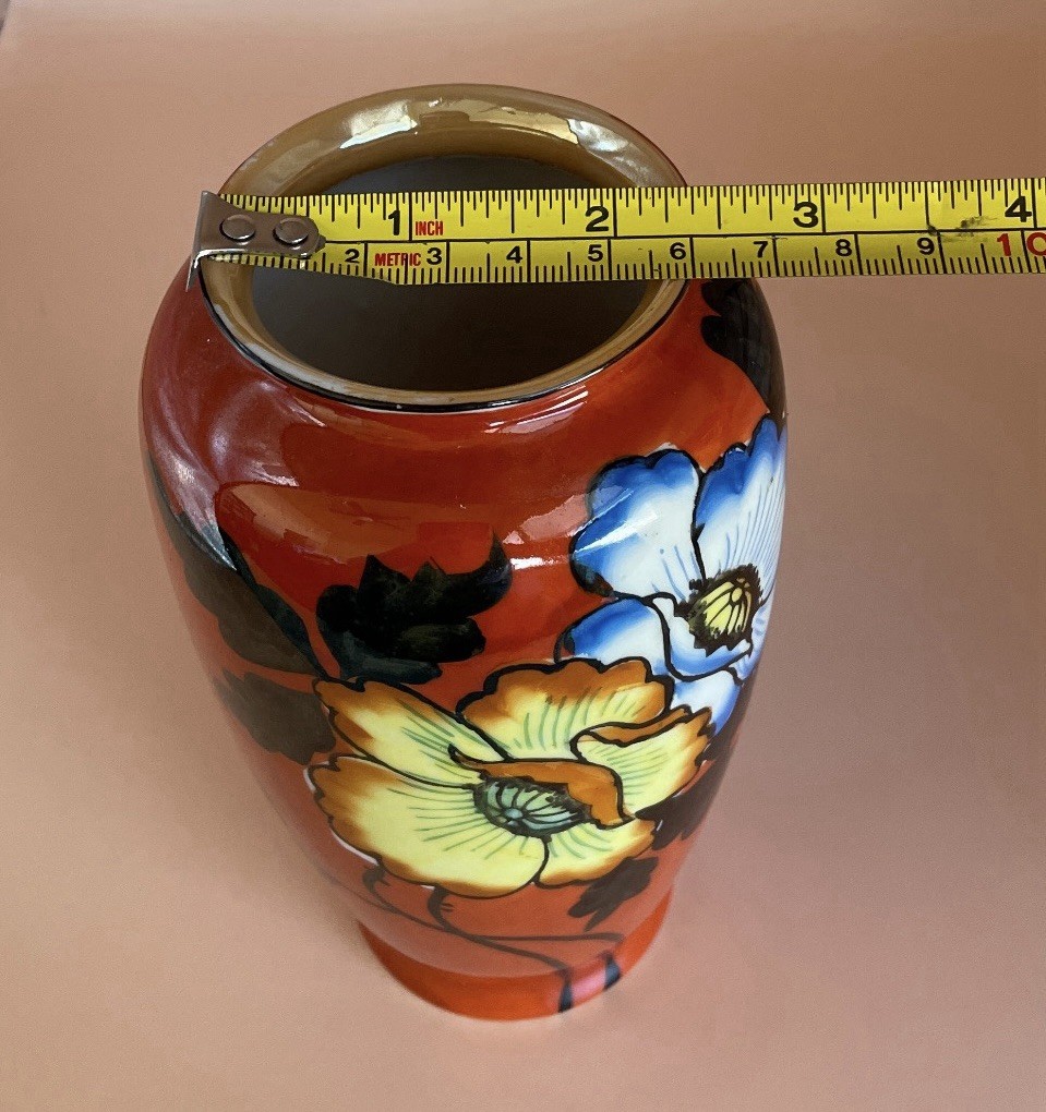Red Letter Japan Orange Vase Blue and Yellow Flowers