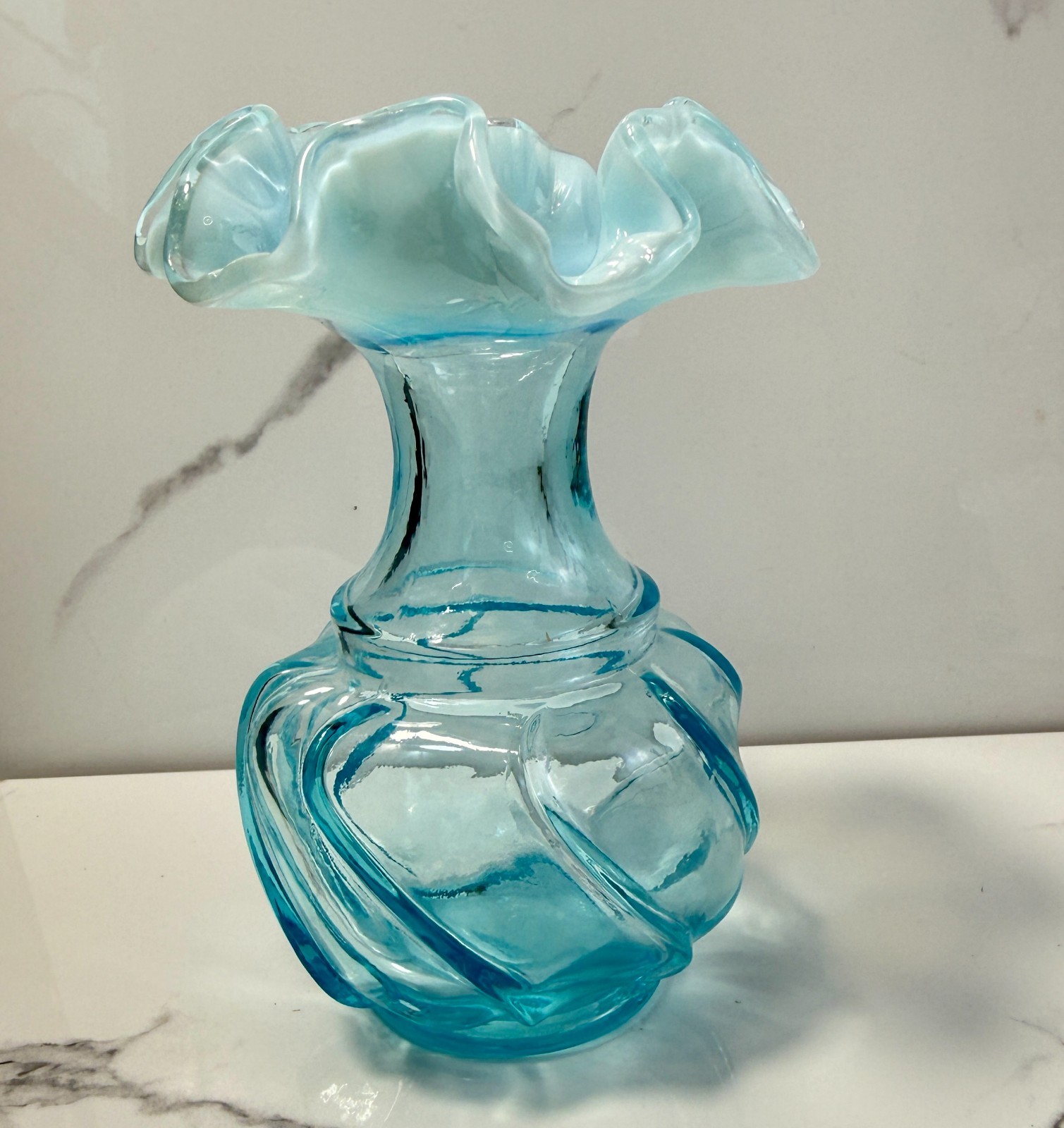 1970s Fenton Opalescent Wave Top Aqua Art Glass Vase Swirl Base Vintage
