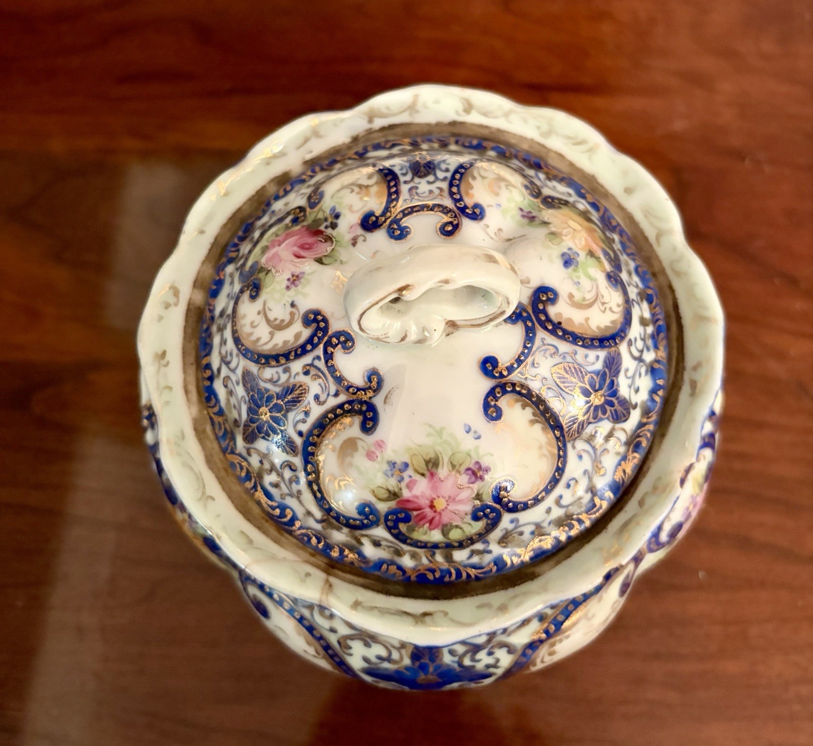 Antique French Hand Painted Porcelain Biscuit Jar w Lid; Blue w flowers & Gold