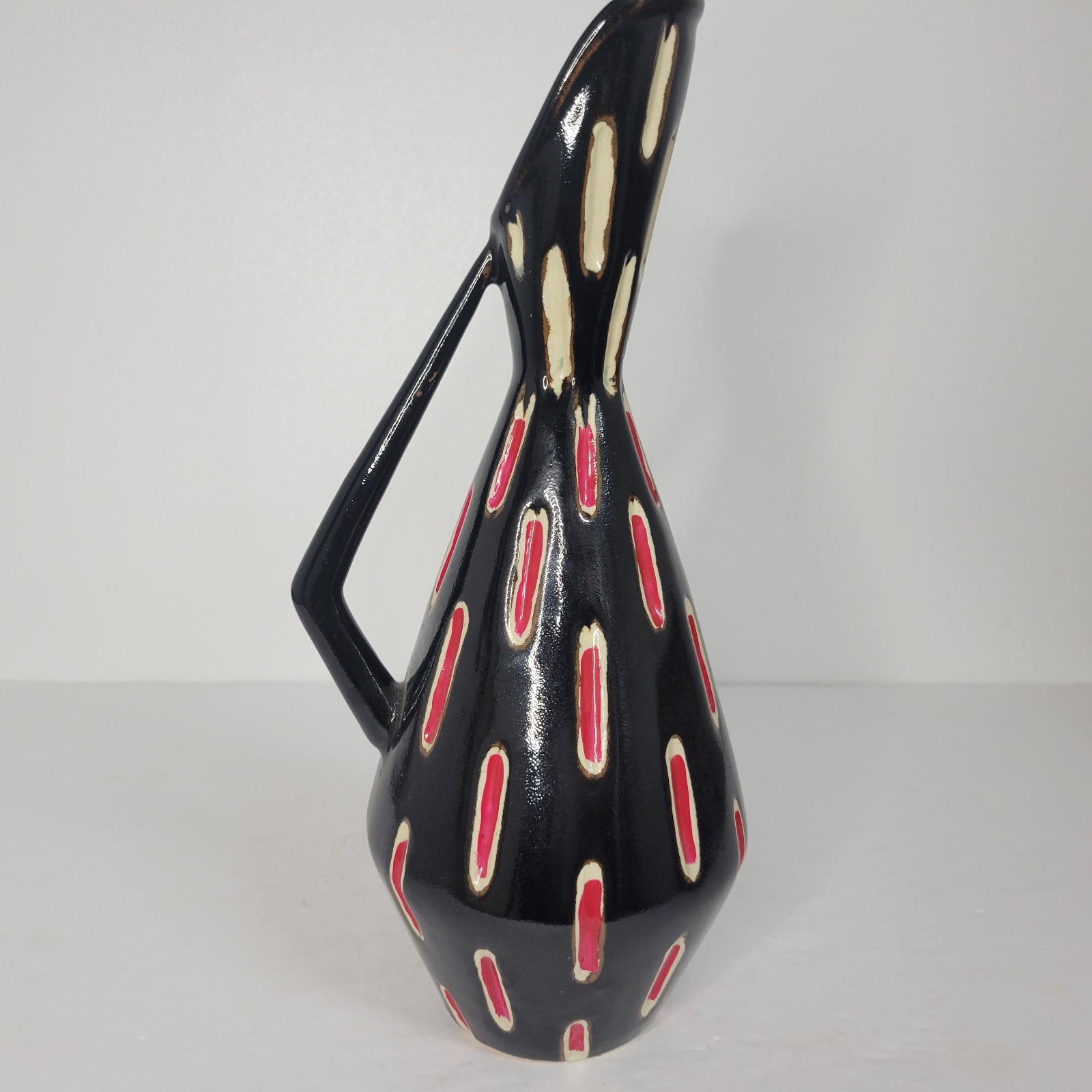 Vintage Black Red Geometric Drip Glazed Pottery Pitcher Vase Ewer MCM Signed