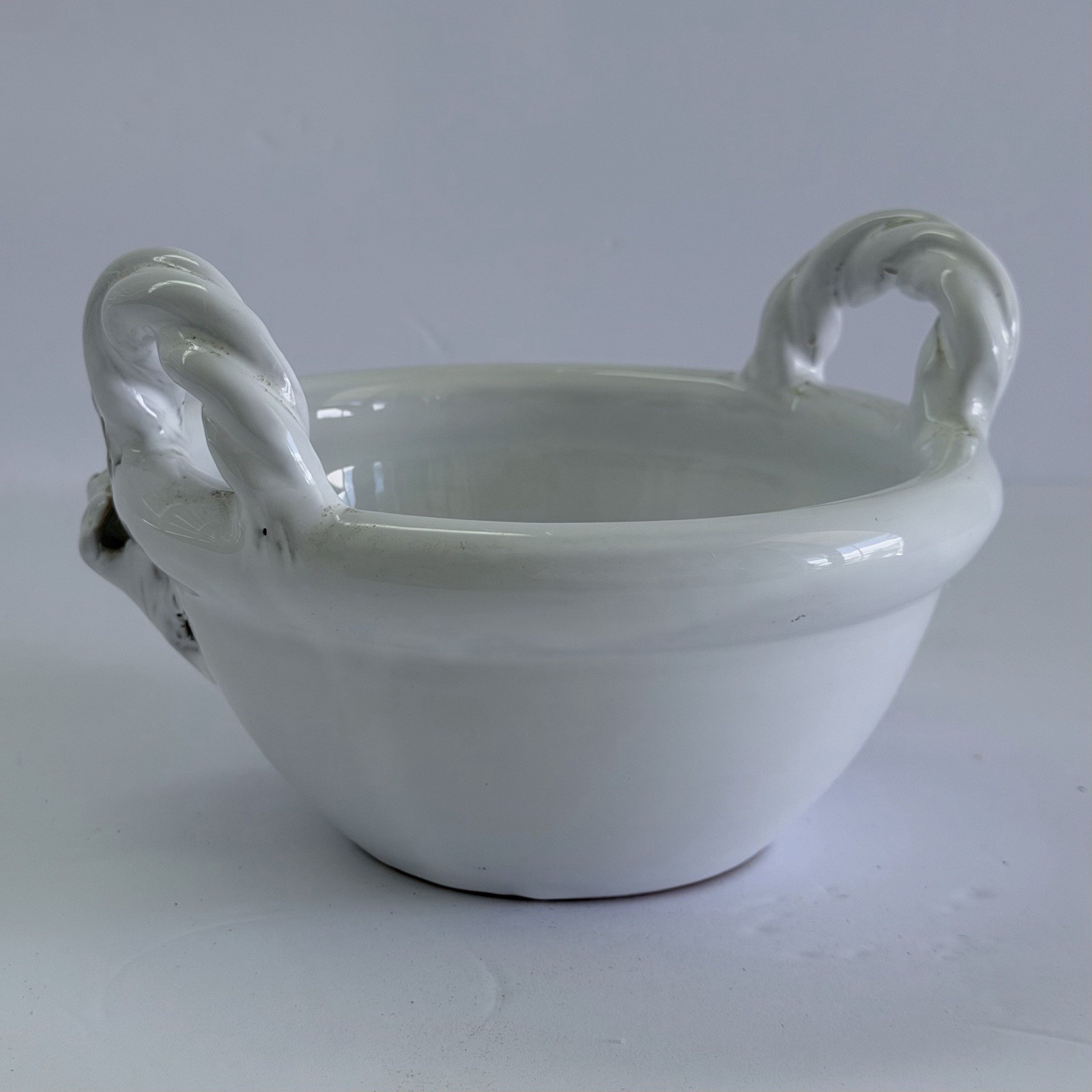 Blanc de Chine Bowl Basket Handthrown White Glazed Clay Grapes Grapevine Handles