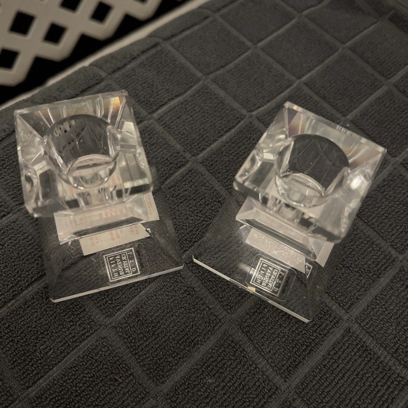 (2) Saks Fifth Avenue Heavy Cubist Geometric CRYSTAL CANDLE HOLDERS 3”