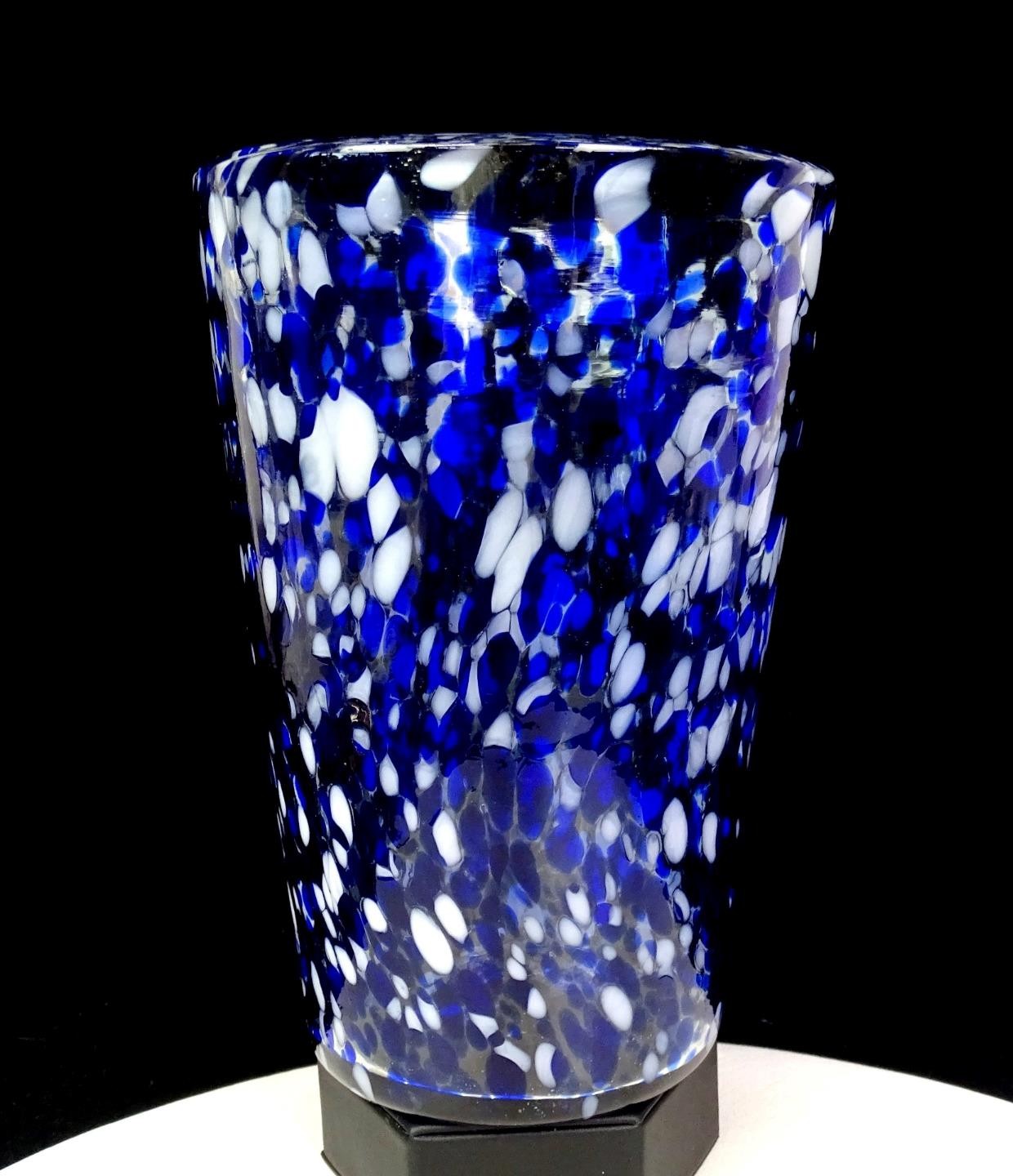 Polish Hand Blown Blue White Confetti Art Glass 8 1/8″ Cylinder Vase 1970-1990s