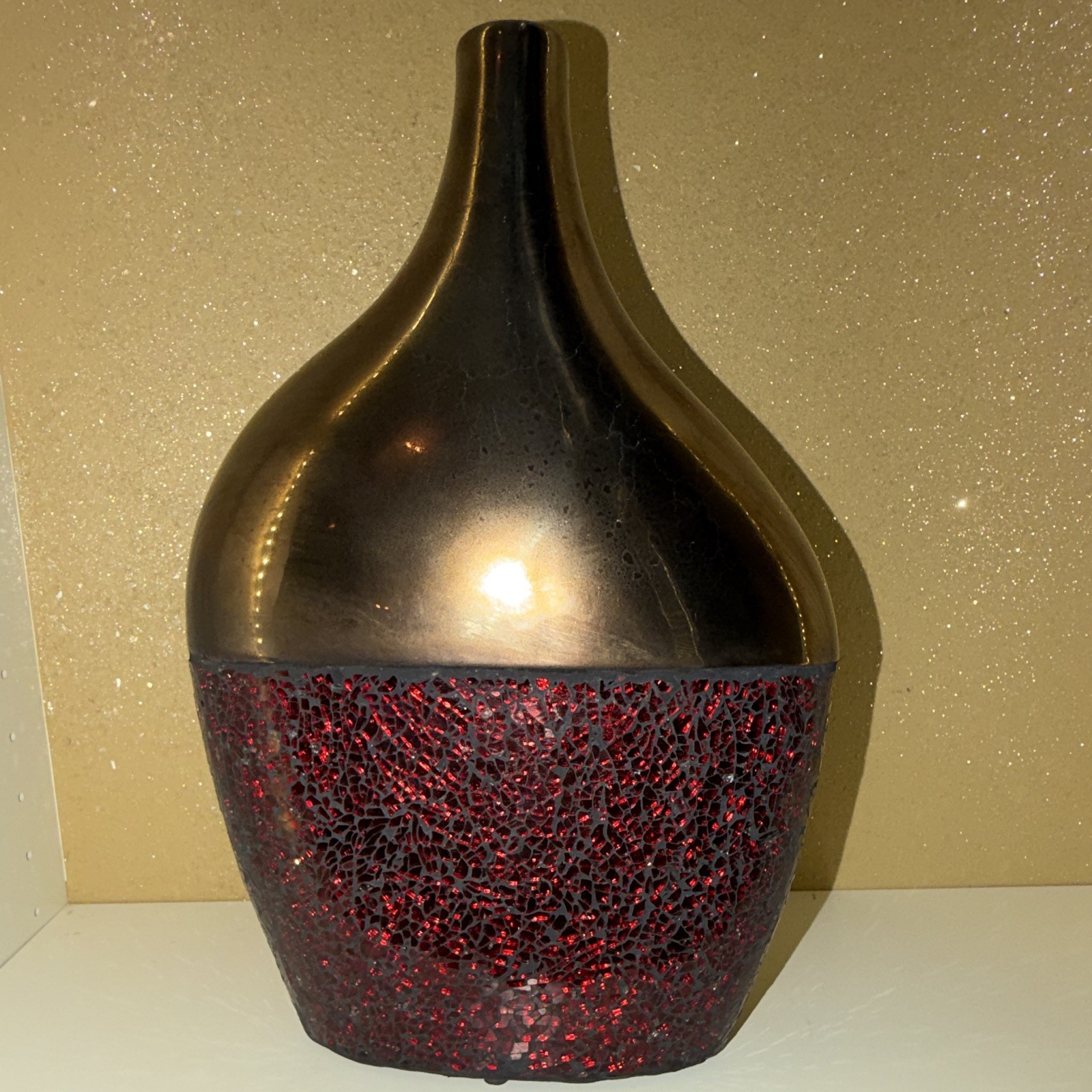 Black & Red Crackle Mosaic Ceramic Vase Glossy Textured 14 1/2in MPN 64170C0086