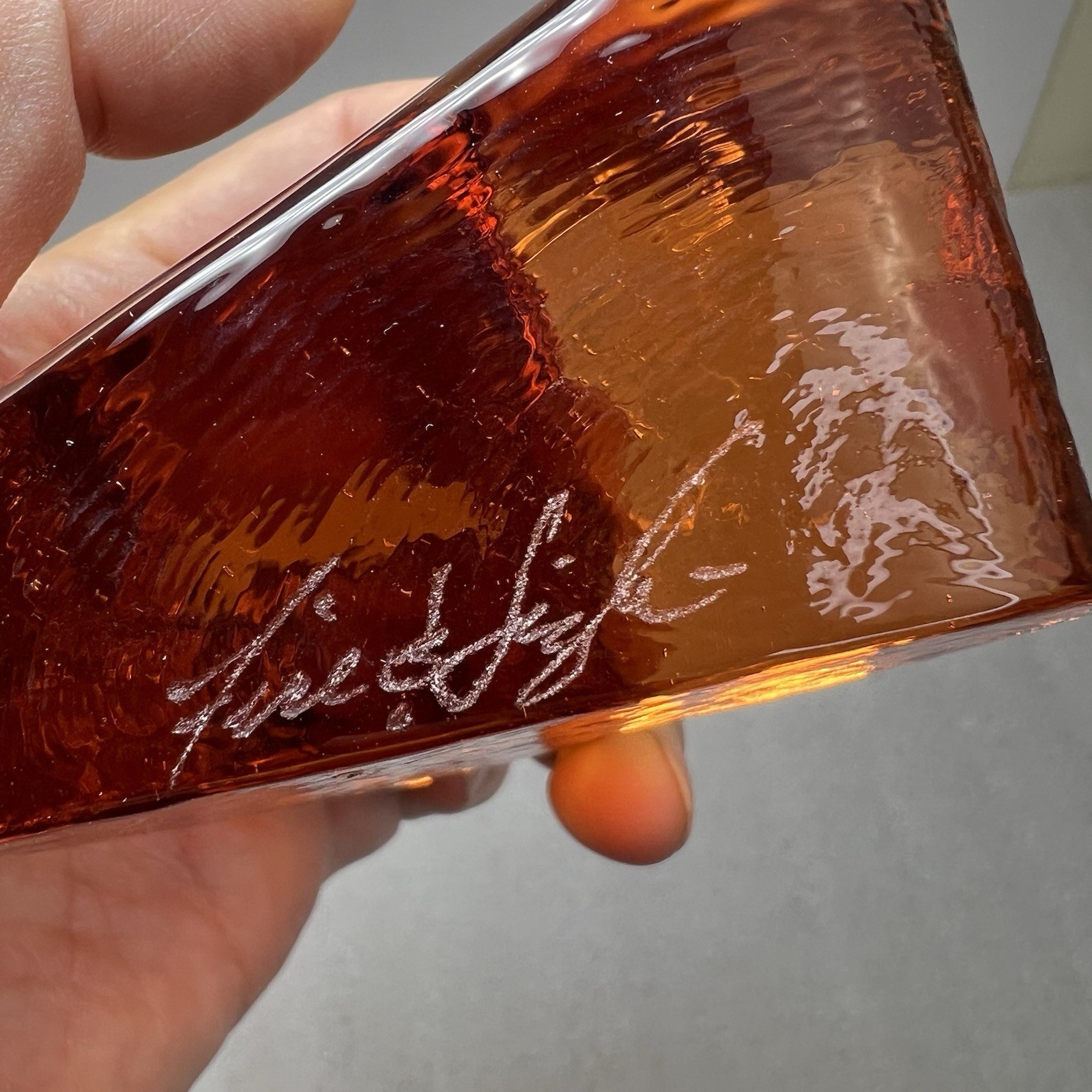FIRE & LIGHT Amber Heart Glass Paperweight Orange/Copper Recycled Art Glass Sign