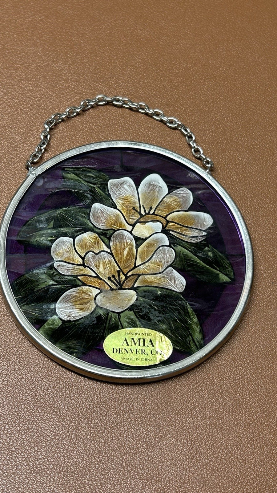 Amia Stained Glass Purple And Yellow Painted Flowers Round Hanging Decor 3.25 in
