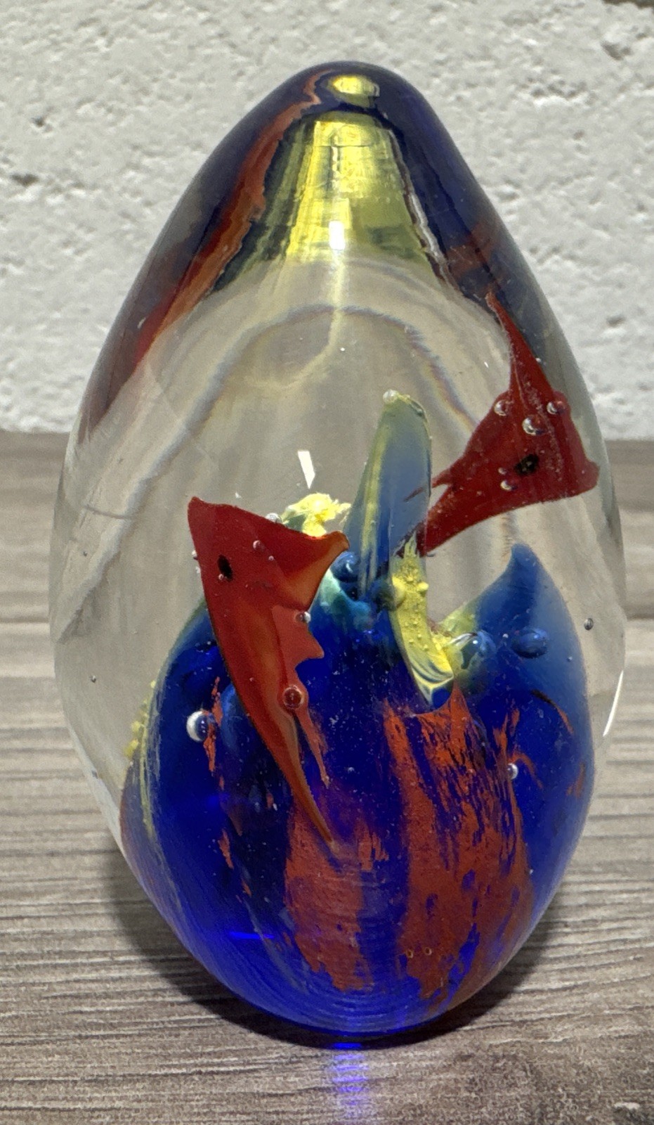 Art Glass Paperweight Egg Yellow Res Blue Swirls Controlled bubbles 3.5″ Tall