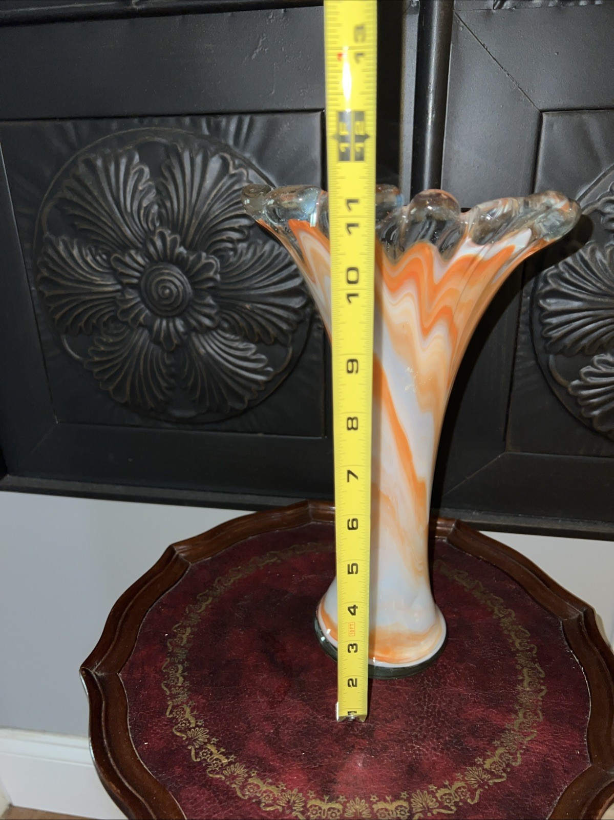 Beautiful MCM Orange And White Scalloped Top Glass Vase 11”