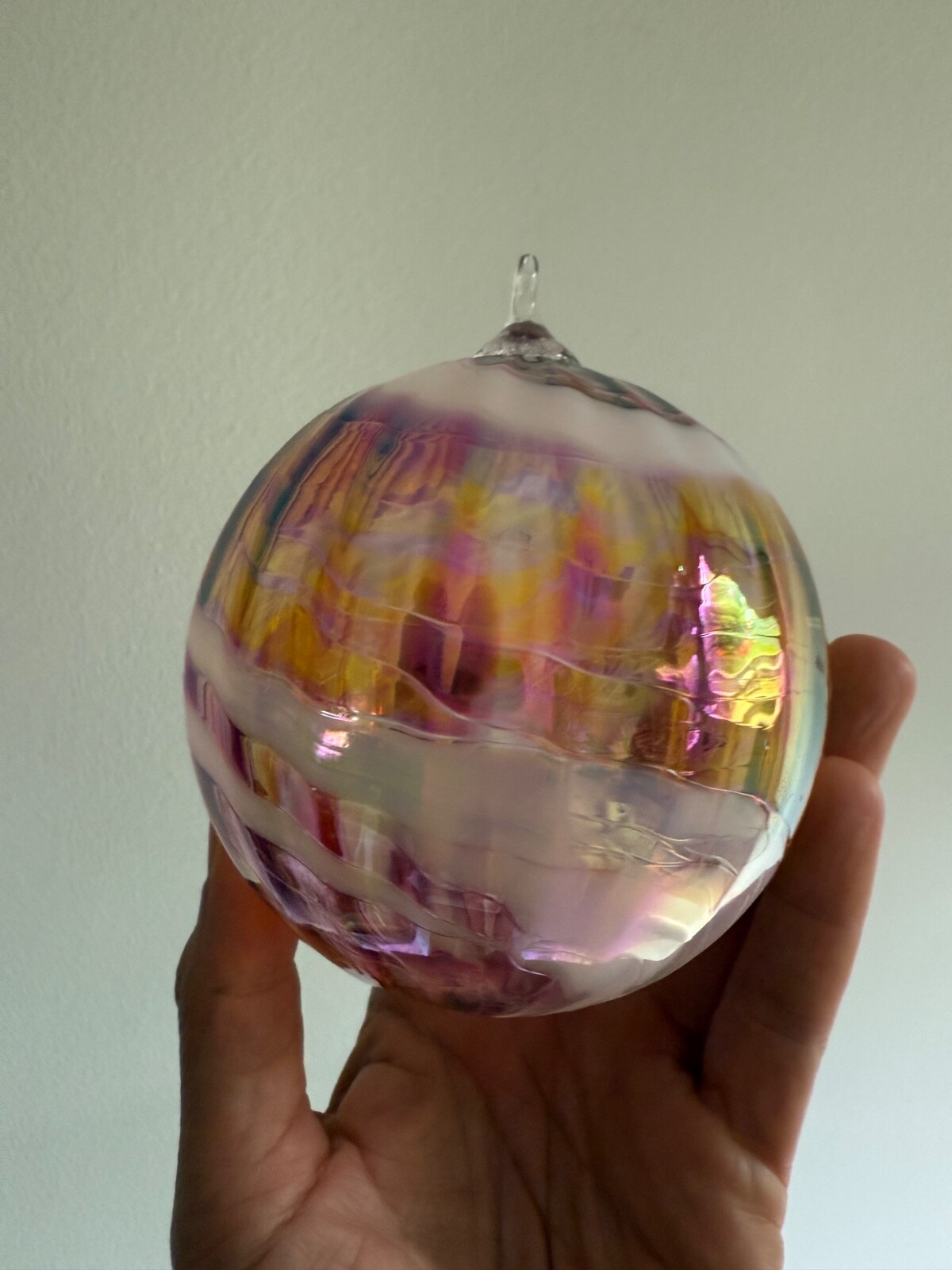 Hand Blown Art Glass Ball approx. 4” Suncatcher Pink Swirl ornament