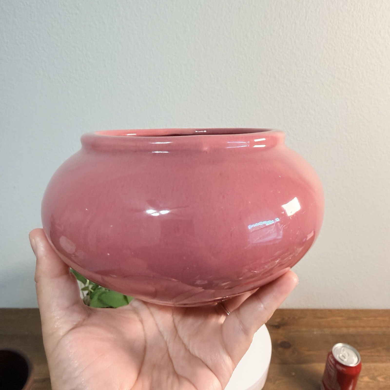 Vintage small Round art pottery Rose Bowl Pink glaze