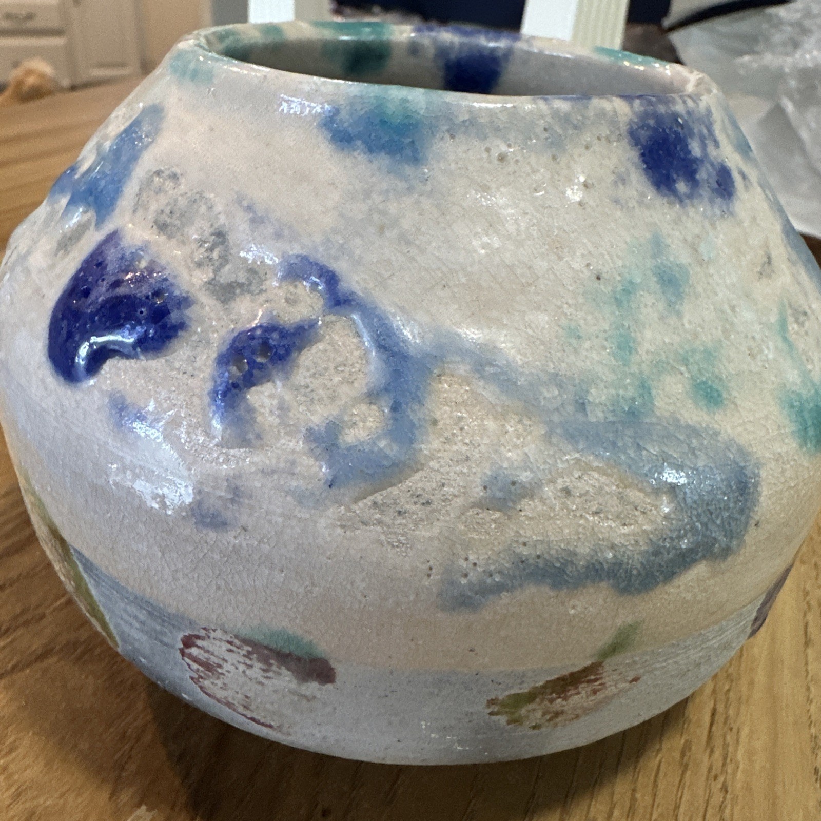 Vintage Raku Art Pottery Vase Iridescent Globe 7.5″ Wide Studio Signed Decor