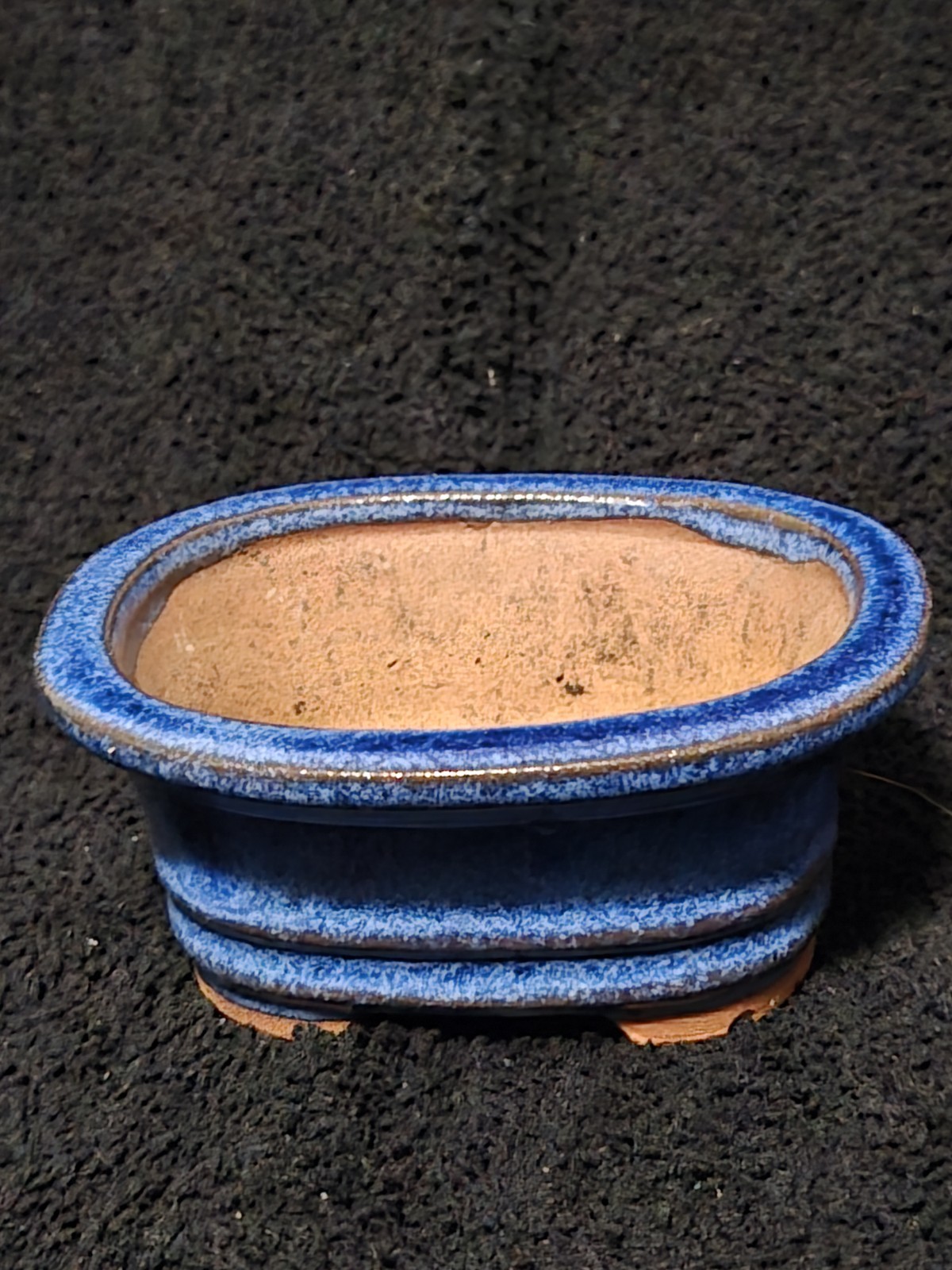 Blue Oval Ceramic Planter Shohin 4x3x2 Bonsai Glossy Finish with Drainage Holes