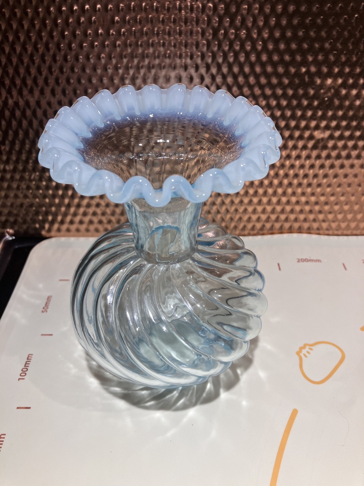 Vintage FENTON Clear Light Blue Melon Spiral Twist Ruffle Top VASE 6 inches