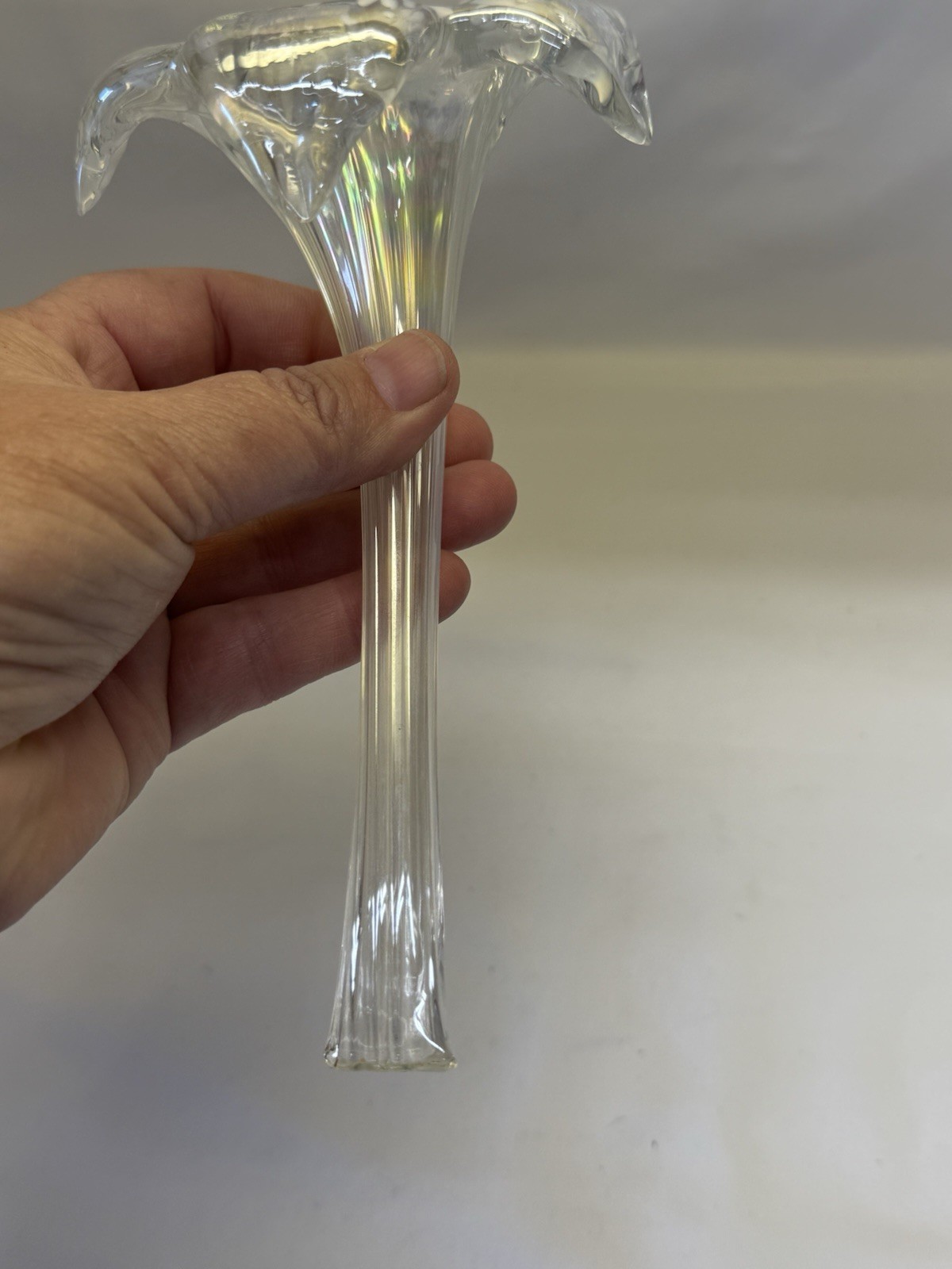 Vtg Silvestri Hand Blown Glass Lily Stem Iridescent Luster Snow Drop Flower