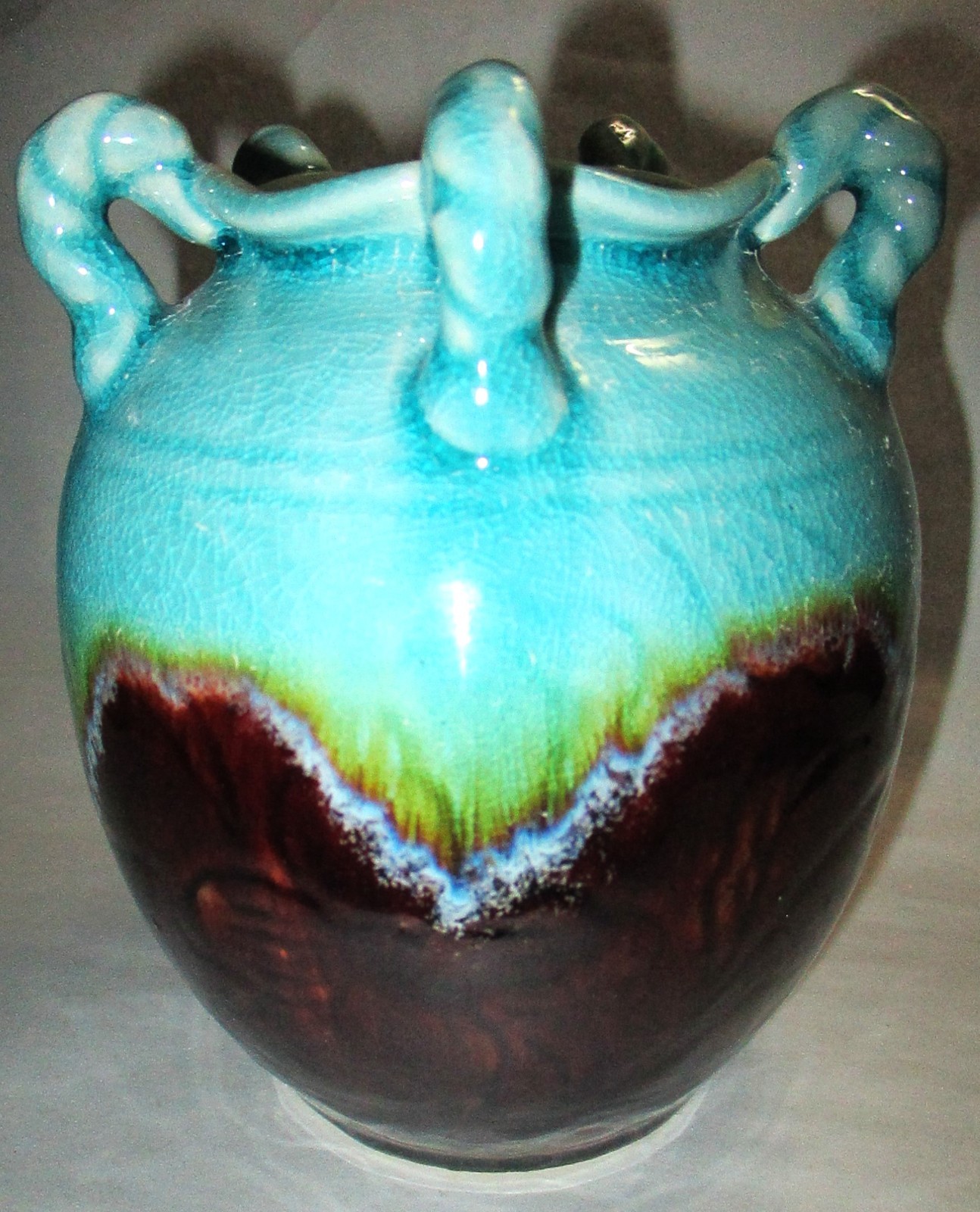 CELEDON GREEN DRIP GLASS ART POTTERY VASE JUG, 5 HANDLES, TWO-TONE MCM