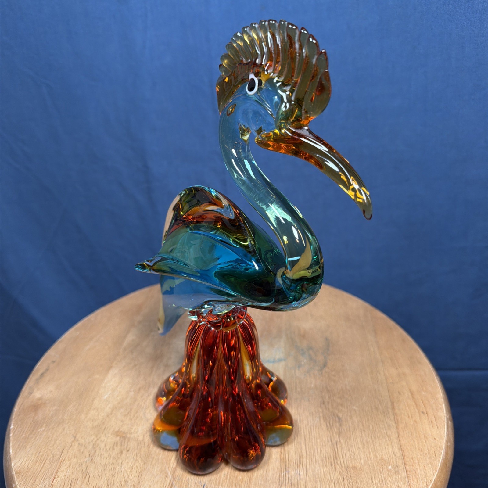 Vintage Murano Style Glass Heron Bird Green Amber Gold Crest 10”