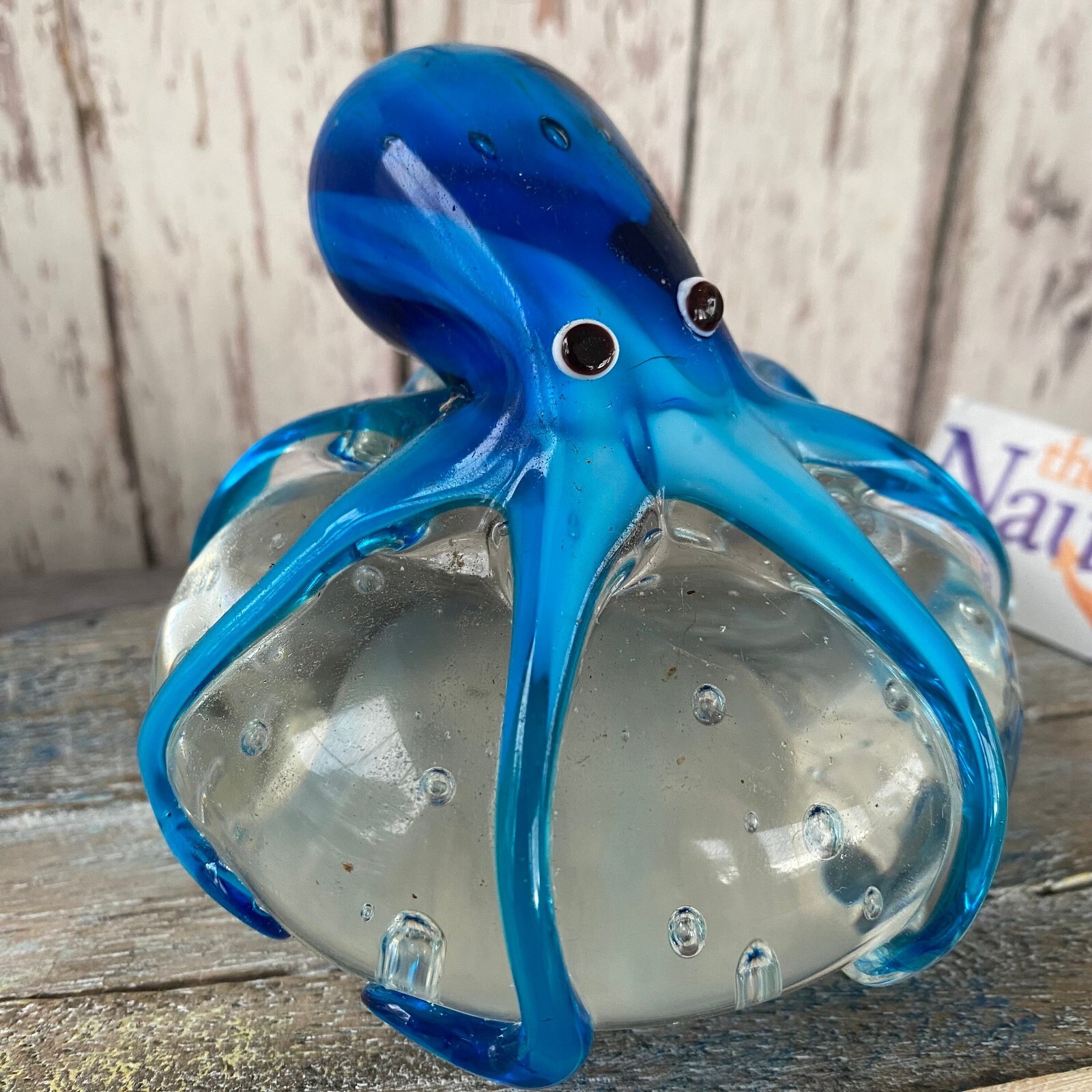 Glass Octopus On Ball Figurine – 2.25 lbs. – Blue & Aqua – Hand Blown Tropical