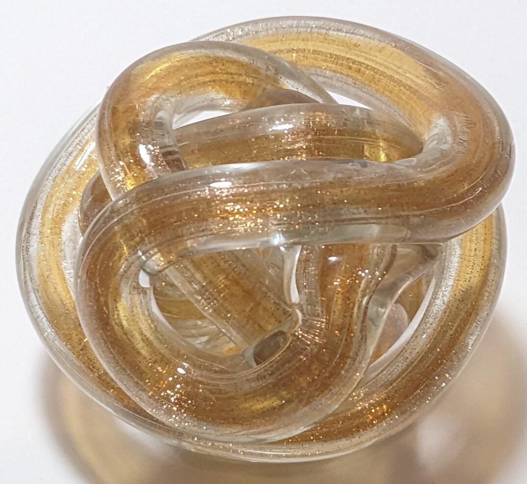 Amber Orange Gold Flake Art Clear Glass Glitter Twist Infinity Knot Paperweight