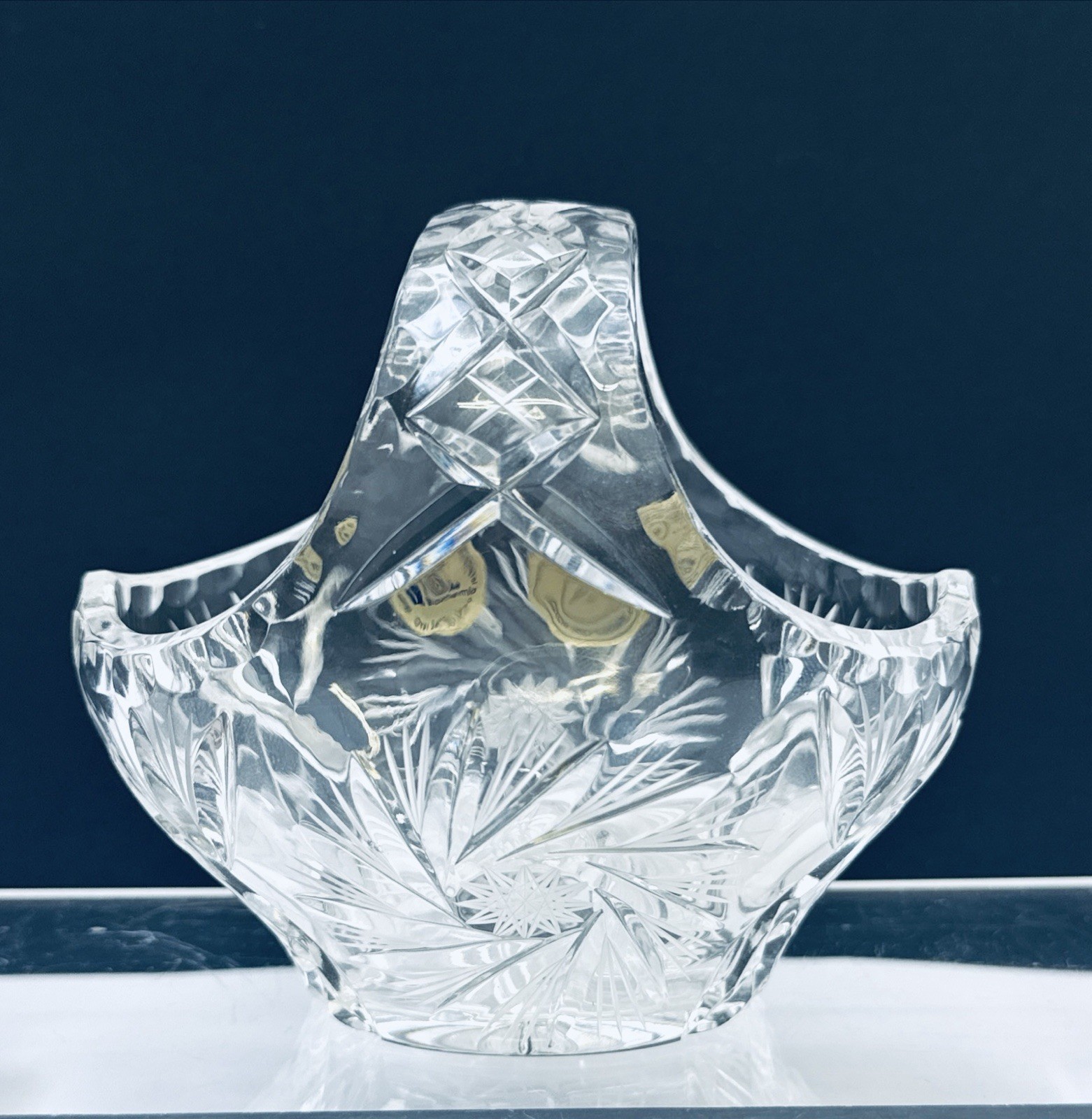 Bohemia Czech Hand Cut Crystal Basket 24% Lead Glass Starburst