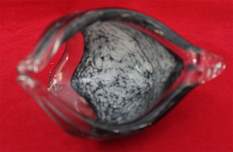Vintage Murano, Italy Black/Gray Swirl Pattern Curved Handmade Art Glass Basket