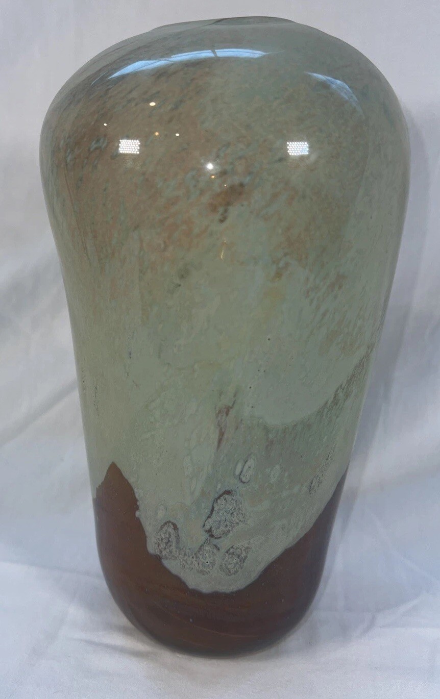 VTG 1974 Handblown studio art glass vase signed dated M Sumerak Green Brown 8.5”