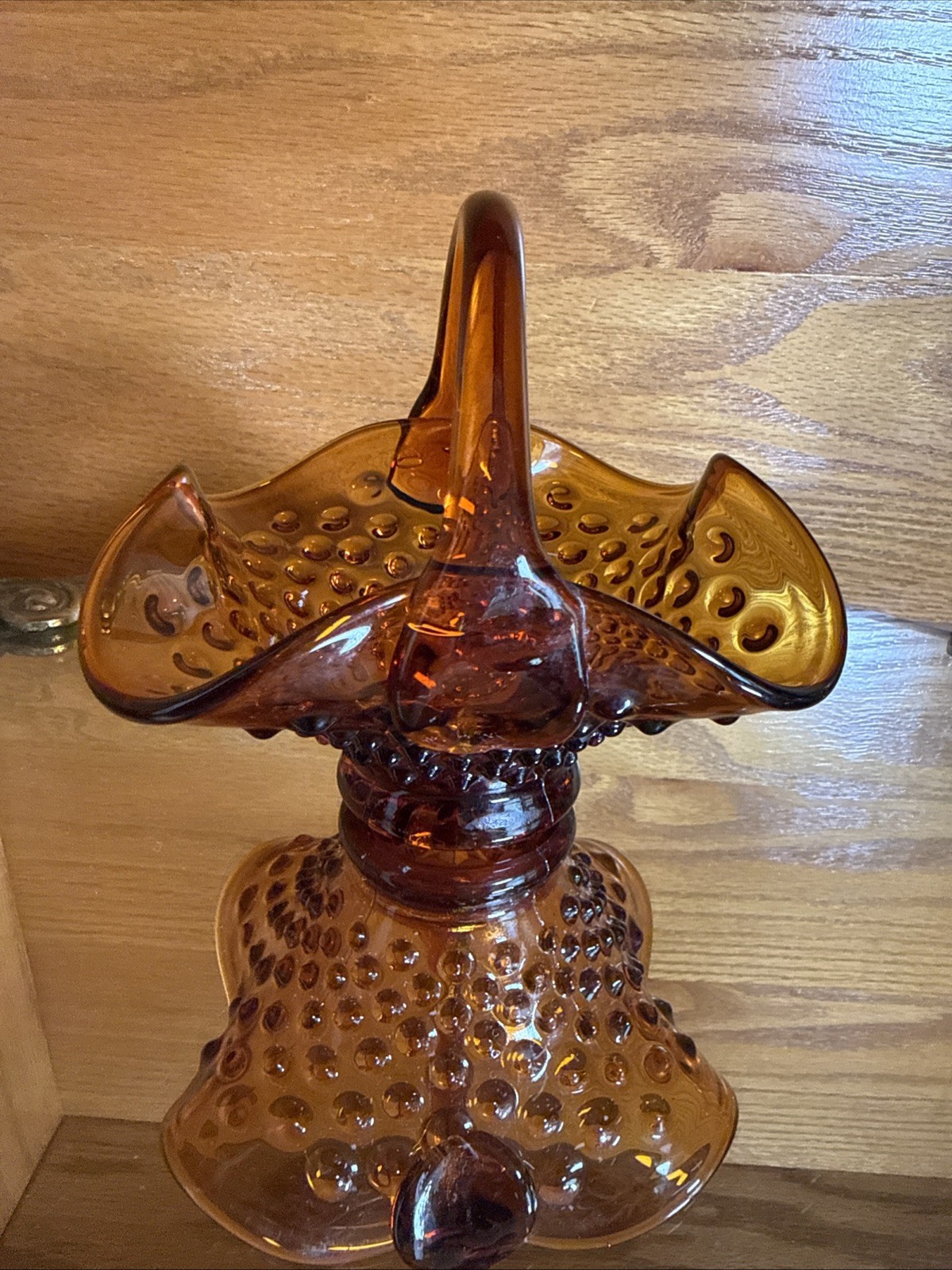 Vintage Amber Glass Hobnail Basket Pedestal Bowl with Handle Mid Century 5” Wide