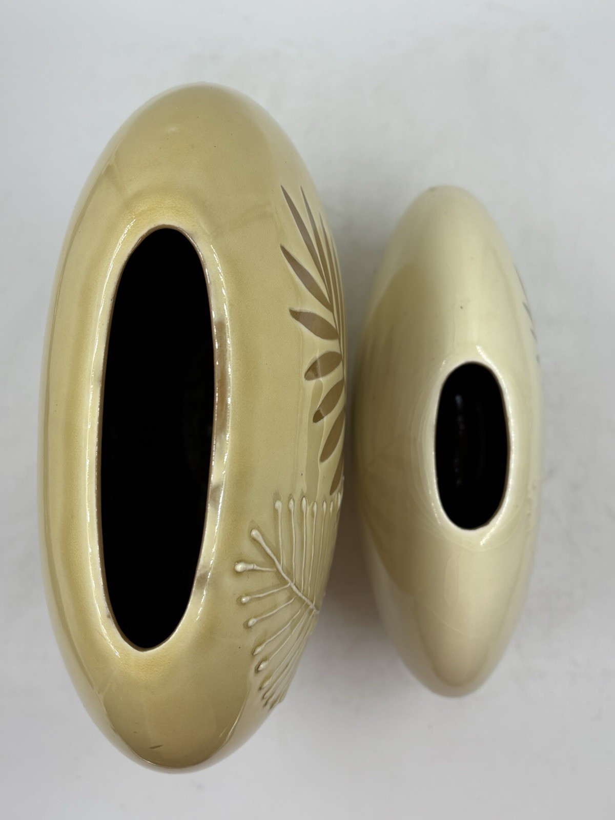 Pair Of Two MCM Vintage Fern Vases Retro With Raised Fern Print Ceramic