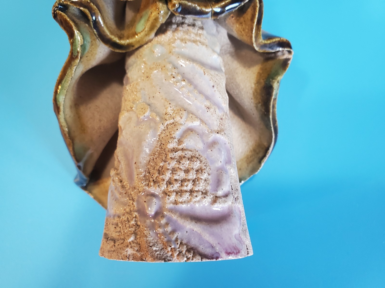 Spaghetti Hair Clay Art Pottery 9.5 Inches Tall Sculpture Woman Holding Hat