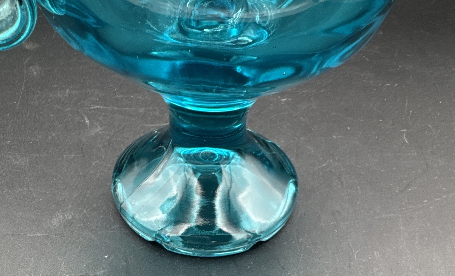 LE Smith Swung 14″ Simplicity Glass Peacock Blue Footed Pitcher Candlestick VTG