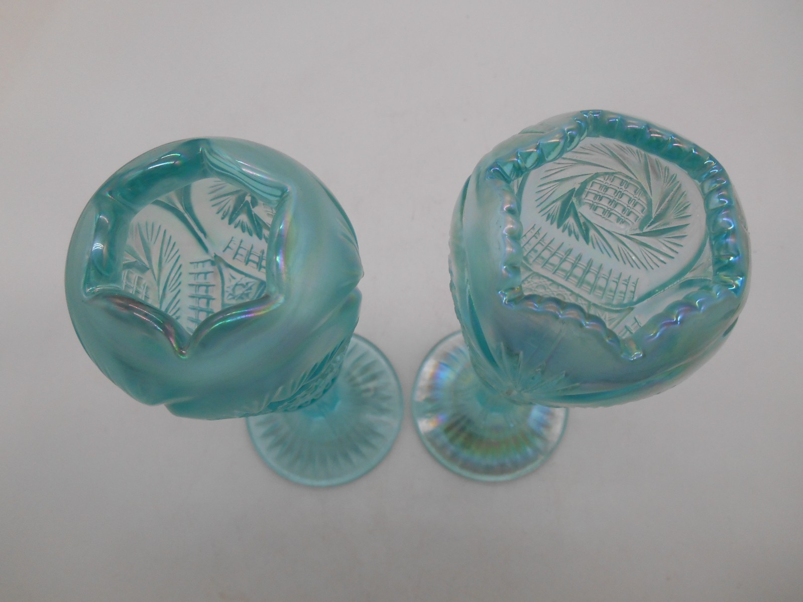 Pair of Fenton 95th Anniversary Aqua Opalescent Pinwheel 8.25″ Vases w/tags