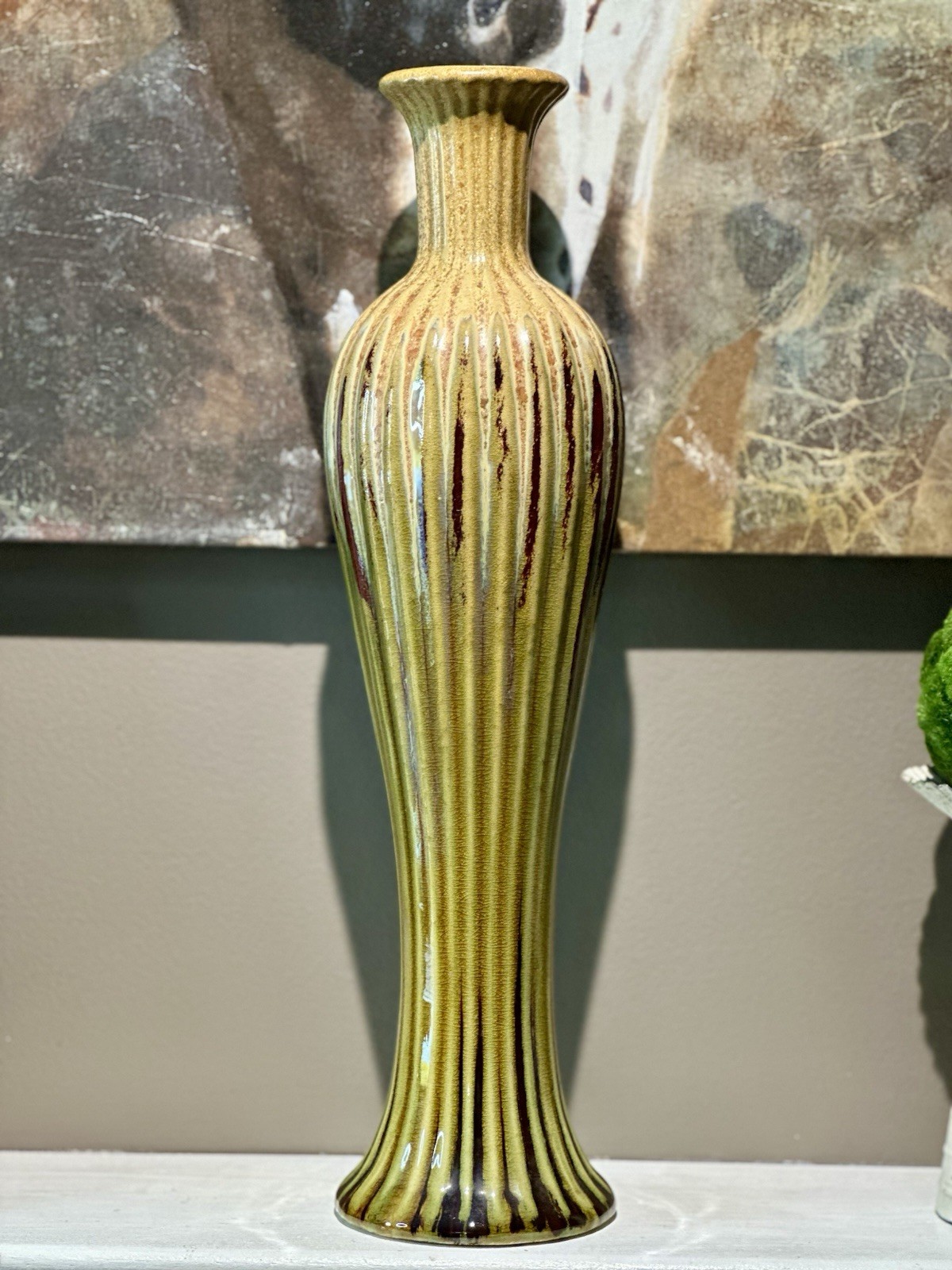 VTG MCM Studio Art Pottery Drip Glaze Fluted Vase 17.5″ Green/Rust