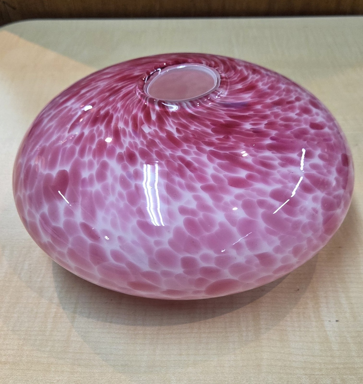 Vintage Pink White Spatter Glass Squat Vase Round Rose Bowl Hand Blown 8″