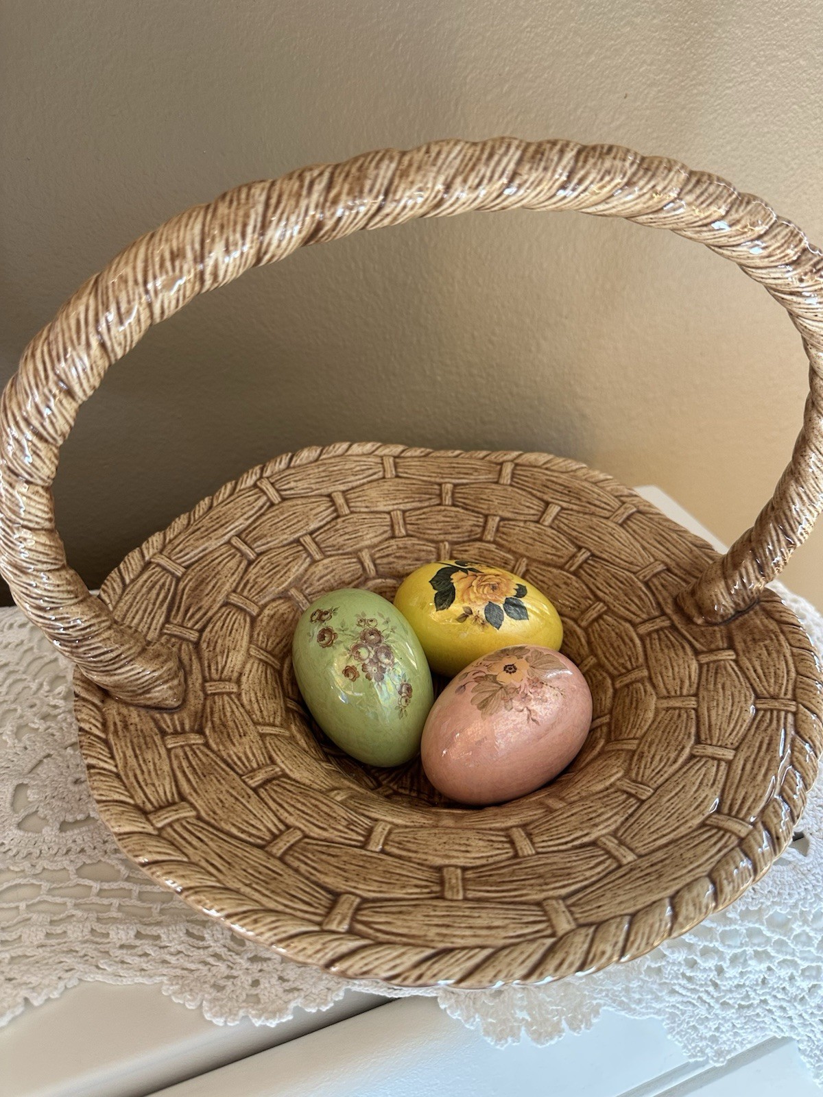 Ceramic Basketweave Decorative Easter Basket with Assorted Decorative Eggs
