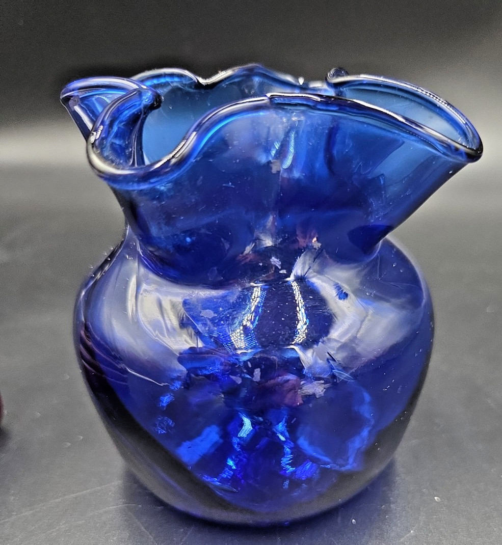 Vintage Cobalt Blue Art Glass Vase Hand Blown Handkerchief Pinched lip W/Optic