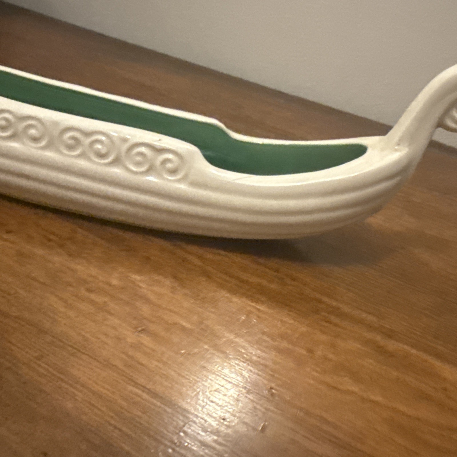 Vintage White Green Pottery Ceramic Boat Viking 12 1/2 By 5 Inches