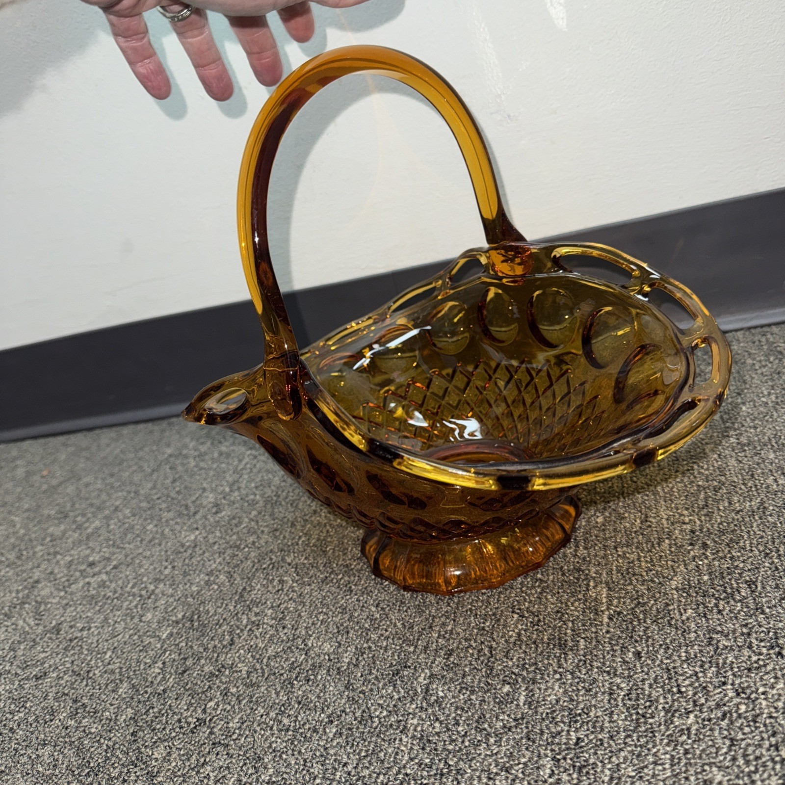 Vintage Pitman Dreitzer Colony Large Open Lave Edge Amber Glass Basket Handle