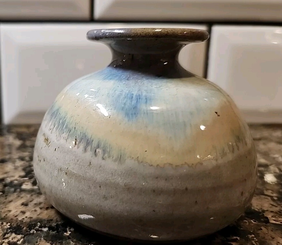 Studio Pottery Ink Well Jar Drip Glazed Signed