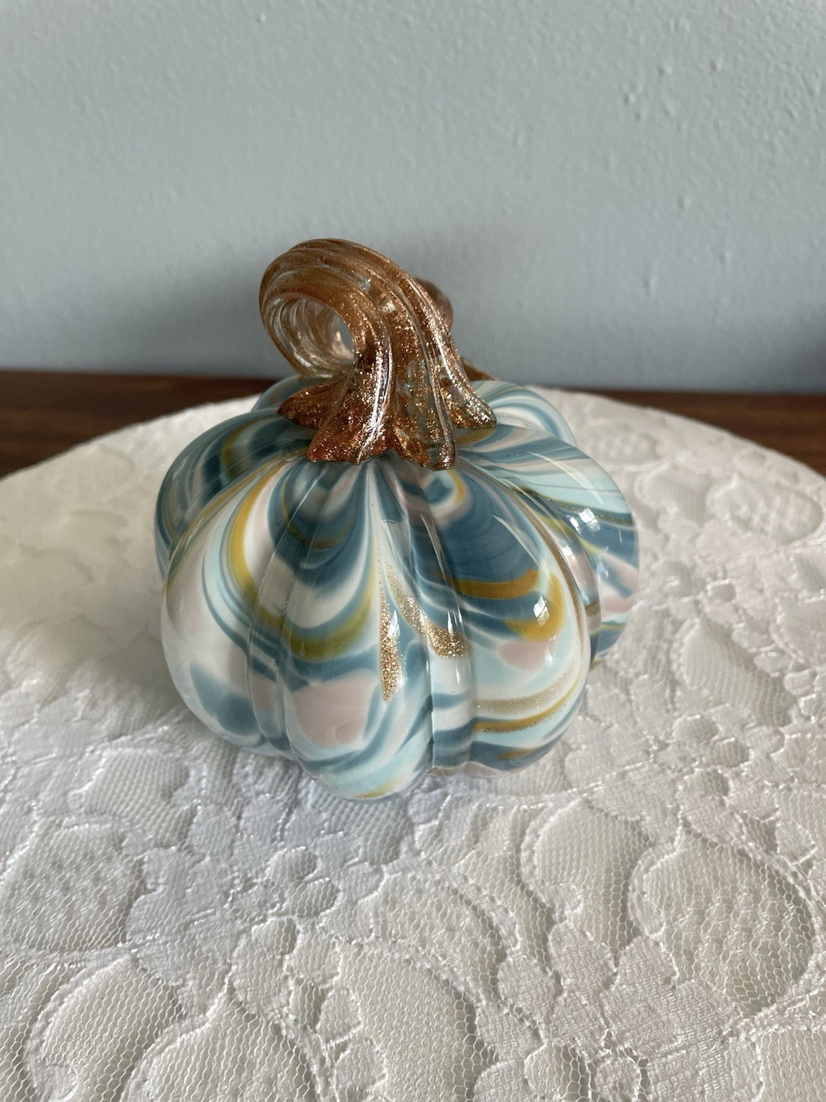 Art Glass Swirl Pumpkin Blue Mauve Gold Swirl with Gold Stem 4 in