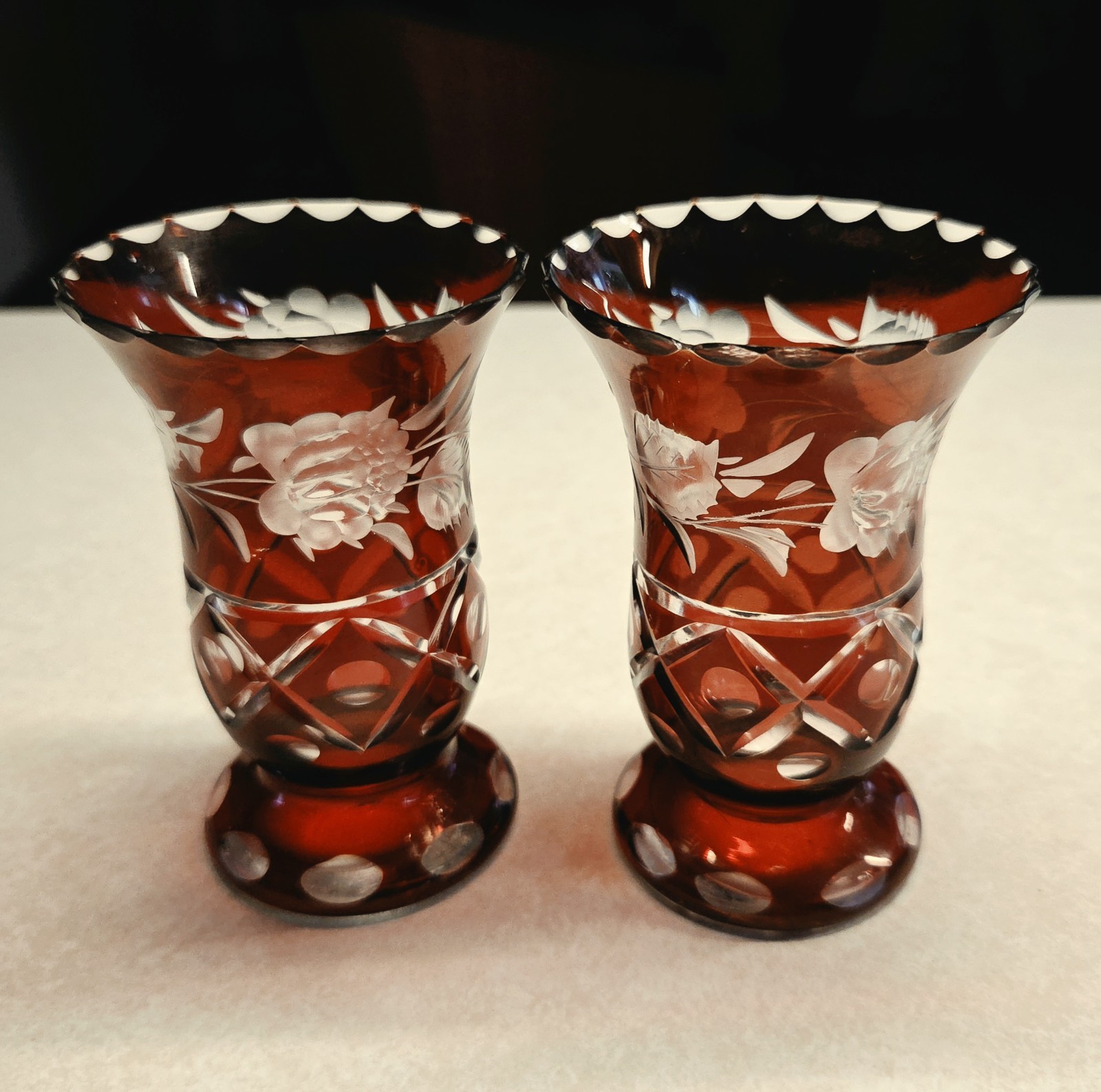 Vintage Bohemian Ruby Red Cut to Clear Crystal Bud Vases Hand Blown Egermann…
